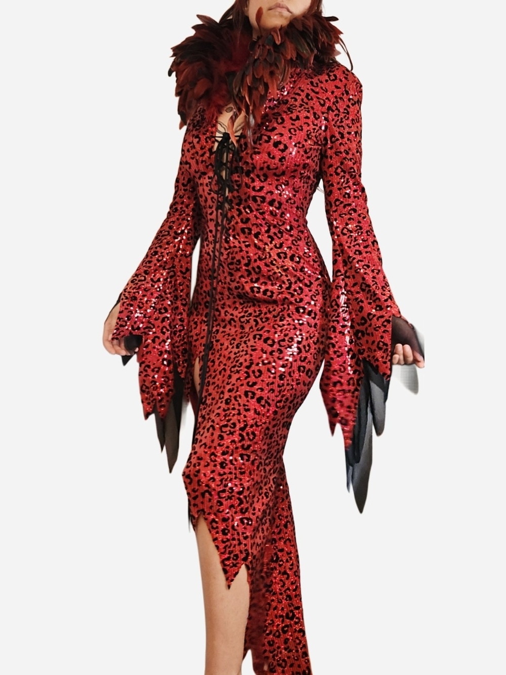 Glam Red Sequin Leopard Lace-Up Asymmetric Dress! - Picture 6 of 12
